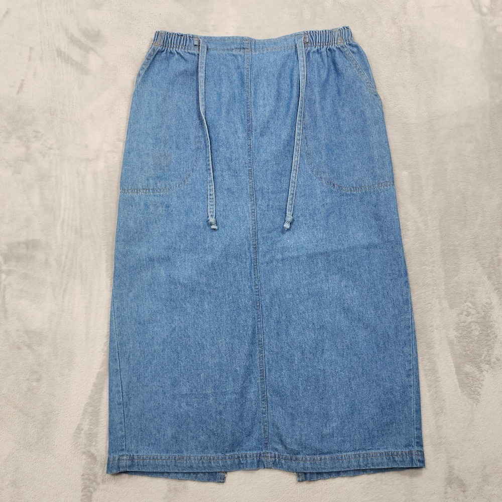 Vintage Sport Timer Skirt Womens 14 Blue Denim Maxi Pull On Drawstring Pockets